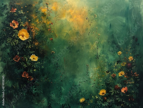 Beautiful floral abstract painting with vibrant colors on a green background, showcasing blossoming flowers in an artistic impression.