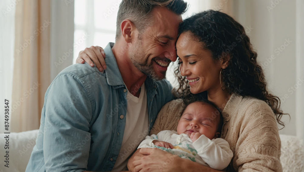 A happy family of three, a father, mother, and young daughter, smiling and embracing each other in their bright, cozy living room. A happy family of three, a father, mother, and young daughter, smiling and embracing each other in their bright, cozy living room.