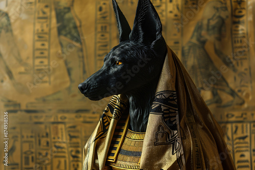 Egyptian god Anubis with head of black jackal photo