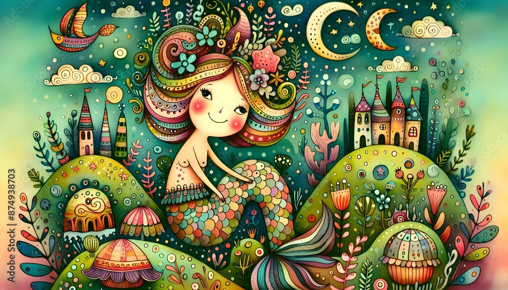 Fototapeta premium Ilustración infantil, para cuentos de niños, storybook, cuento de hadas, mundo mágico, reino mágico, princesas, príncipes, hadas, elfos brujitas, decoración, wallpaper