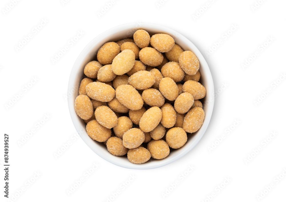 Bowl with salted peanut nuts with sour cream taste isolated on white background.Top view. Bowl with salted peanut nuts with sour cream taste isolated on white background.Top view.