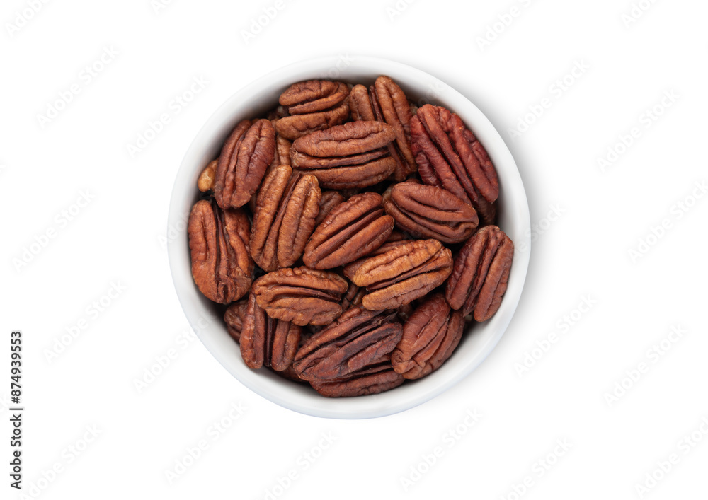 Bowl with healthy exotic brown pecan nuts isolated on white background.Top view. Bowl with healthy exotic brown pecan nuts isolated on white background.Top view.