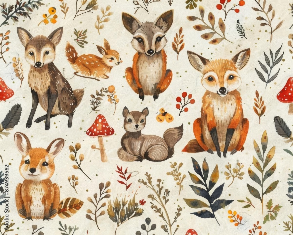 A seamless pattern of cute woodland animals and forest elements. Perfect for creating a whimsical and inviting atmosphere in any room. A seamless pattern of cute woodland animals and forest elements. Perfect for creating a whimsical and inviting atmosphere in any room.