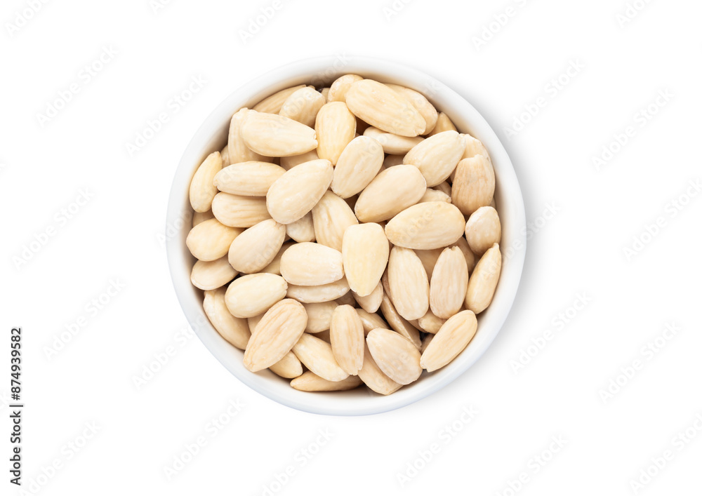 Bowl plate with healthy white shelless almond nuts isolated on white background.Top view. Bowl plate with healthy white shelless almond nuts isolated on white background.Top view.