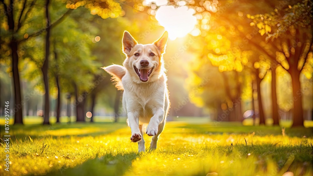 Happy dog playing and running in a sunny park , joyful, pet, canine, animal, fun, joy, park, outdoor, playful, running