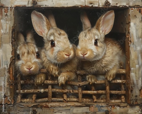 Three rabbits in a cage, looking out at the world with curiosity and hope in their eyes photo