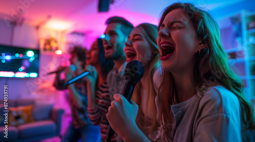 A group of friends singing karaoke at home through a microphone. © BB_Stock