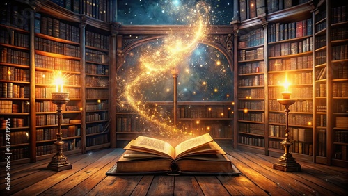 Magic book in enchanting library with spirits & glowing light in the room, magic, book, enchanting, library, spirits