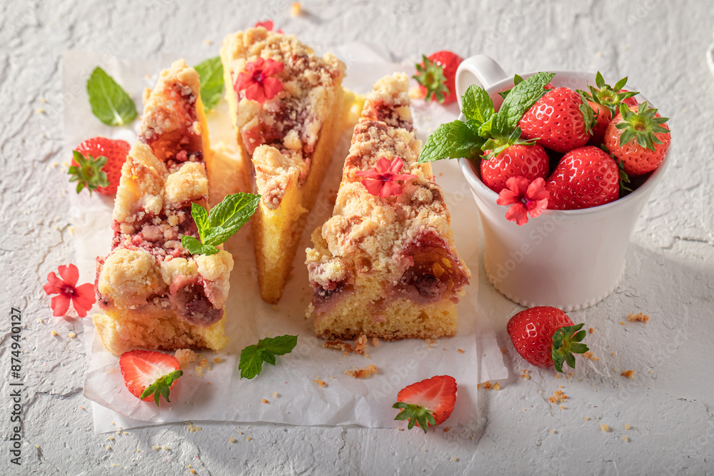 Tasty and sweet strawberry cake as summer dessert. Tasty and sweet strawberry cake as summer dessert.