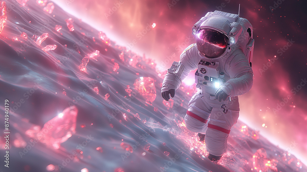 Fototapeta premium 3D space rendering. Brave astronaut in space. science fiction walking on planet exoplanet landscape Beautiful with giant crystals