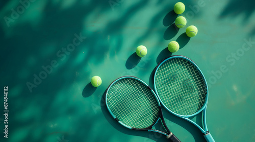 Aerial view of tennis racket and tennis ball on tennis court.