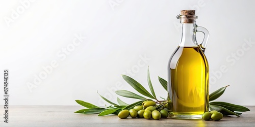 High-quality olive oil in a glass bottle against a white background, olive oil, glass bottle, natural, healthy, ingredient