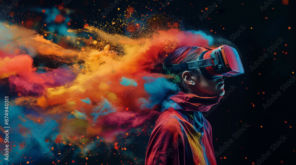 Man in VR glasses, various colors exploding and spreading out, on a black background Man in VR glasses, various colors exploding and spreading out, on a black background