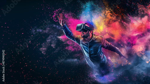 Man in VR glasses, various colors exploding and spreading out, on a black background © BB_Stock