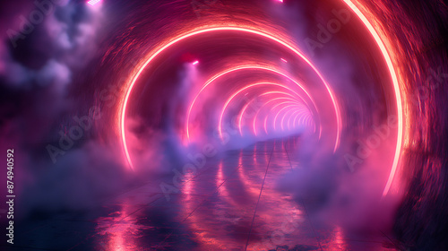 Empty futuristic corridor background tunnel studio stage construction neon lights graphic glow purple blue bright virtual sci-fi futuristic 3D rendering illustration © atitaph