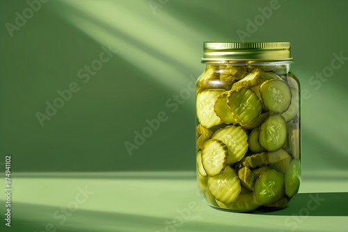 Homemade canned pickle slices, glass jar mockup, beige background photo