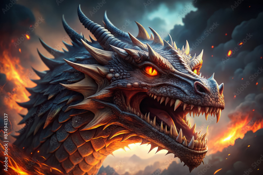 Fierce mythical dragon head with razor-sharp teeth and fierce glowing eyes, mouth open in a powerful roar, against a dark intense fiery background. Fierce mythical dragon head with razor-sharp teeth and fierce glowing eyes, mouth open in a powerful roar, against a dark intense fiery background.