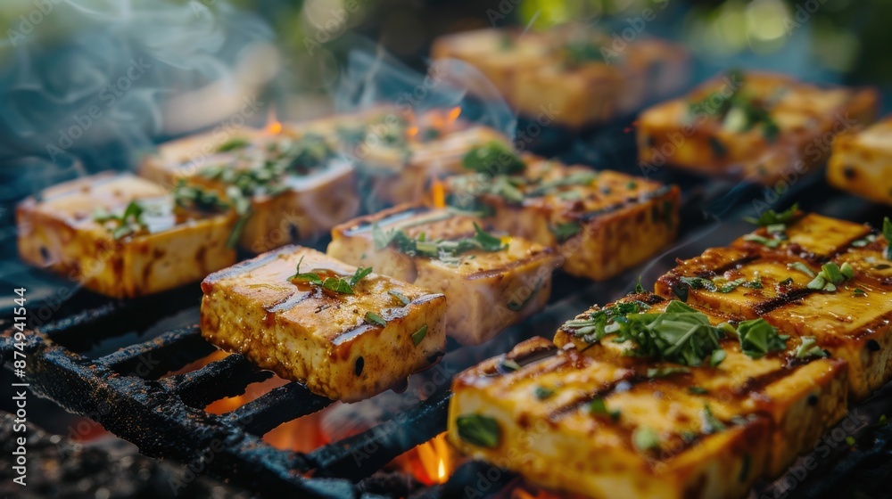 Close-up of tofu slices grilling with fresh herbs, showcasing a delicious and healthy vegetarian barbecue option. Close-up of tofu slices grilling with fresh herbs, showcasing a delicious and healthy vegetarian barbecue option.