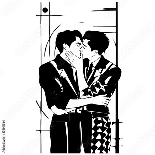 Two stylishly dressed young men kiss gently. Vector black monochrome sketch of gay couple on white background