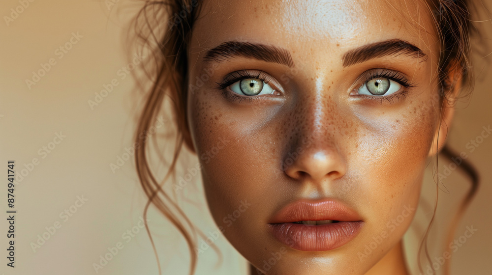 Close-up of a young woman with freckles in natural light.