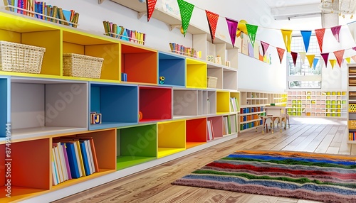 Colorful kindergarten shelves, garland of flags, carpet, natural light, wide shot, white walls, wooden floor.