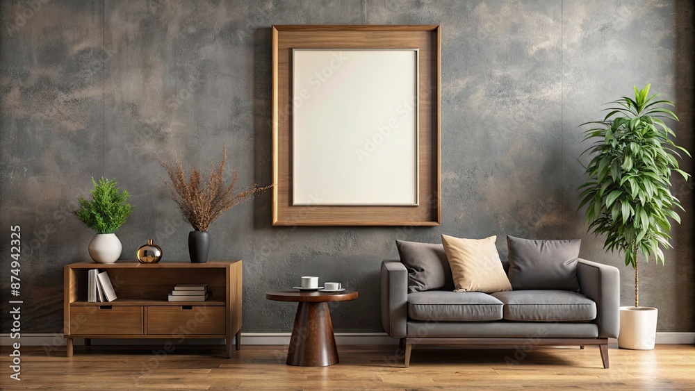 Living room wall art mockup with a dark wood frame on a gray wall , interior design, home decor, artwork, living room Living room wall art mockup with a dark wood frame on a gray wall , interior design, home decor, artwork, living room