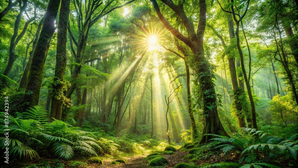 Naklejka premium Lush forest scene with sunlight filtering through canopy, creating cinematic perfection, dense forest, sunlight, canopy, verdant