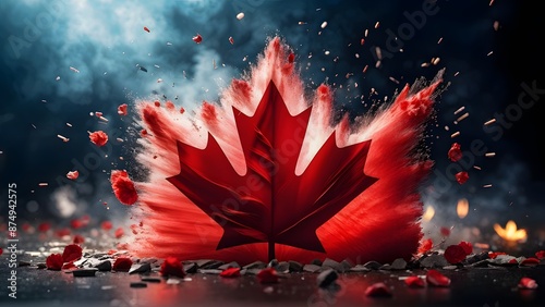 Exploding red maple leaf on dramatic black and blue background. Generative AI