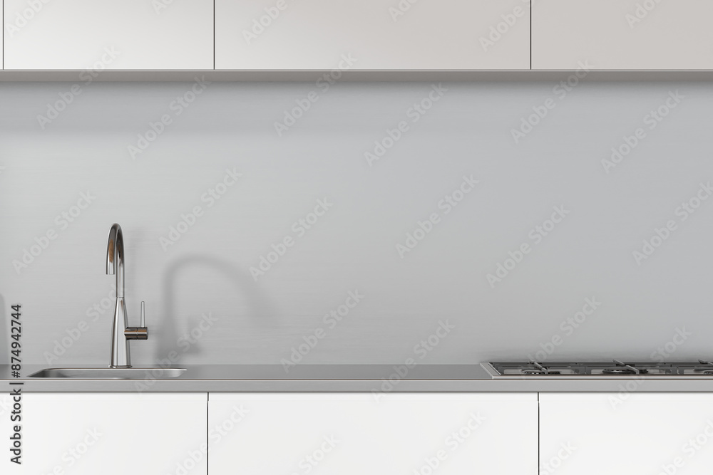 Minimalist home kitchen interior with washbasin and gas stove, empty space Minimalist home kitchen interior with washbasin and gas stove, empty space