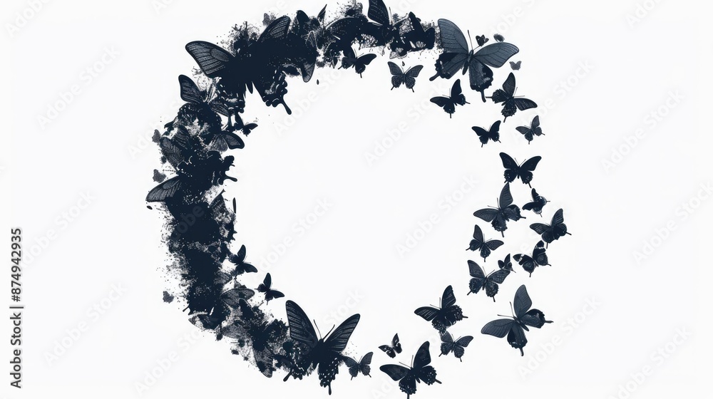 Monochrome circular border with butterfly silhouettes Bitmap illustration Monochrome circular border with butterfly silhouettes Bitmap illustration
