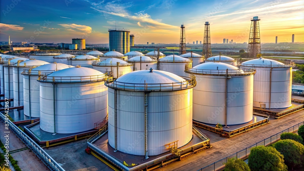 Large tanks storing chemical petroleum products at oil terminal, oil terminal, tanks, storage, refinery, petrochemical Large tanks storing chemical petroleum products at oil terminal, oil terminal, tanks, storage, refinery, petrochemical