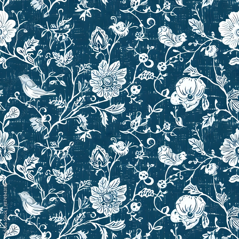 Charming Floral Grid Pattern with Realistic Blue, Green, and Pink Flowers Charming Floral Grid Pattern with Realistic Blue, Green, and Pink Flowers