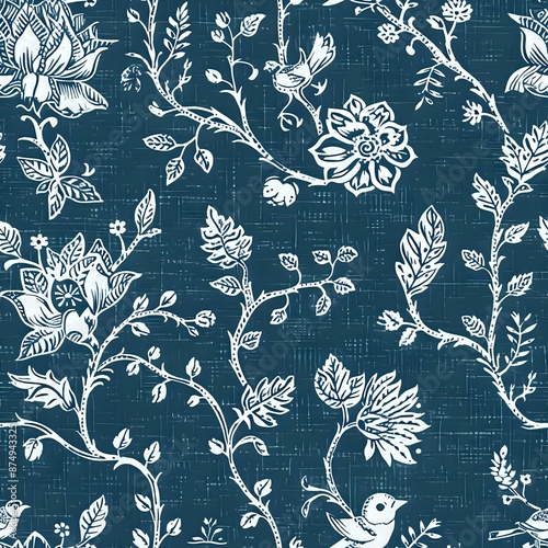 Floral Grid Pattern with Blue, Green, and Pink Flowers on White Background