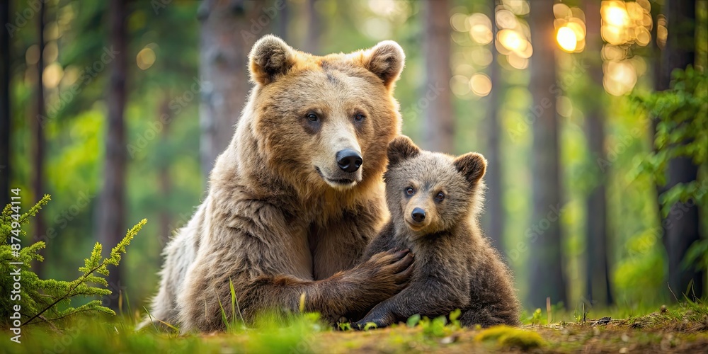 Loving mother bear cuddling with her adorable cub in a forest setting, mother, bear, cub, wildlife, animal, love Loving mother bear cuddling with her adorable cub in a forest setting, mother, bear, cub, wildlife, animal, love