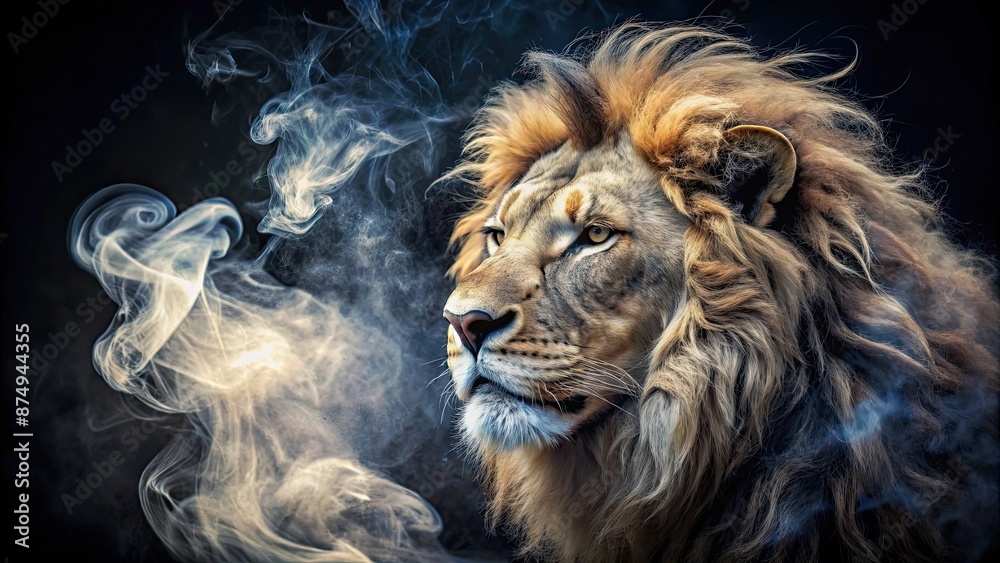 Fototapeta premium Lion with smoke coming out of its head, lion, smoke, wildlife, animal, surreal, fantasy, dreamlike, abstract, majestic, powerful