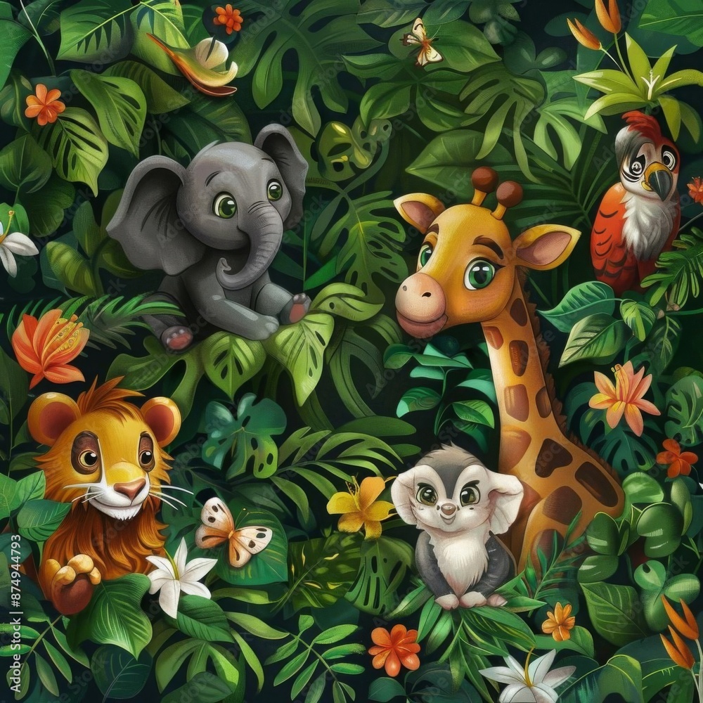 A seamless pattern with cute cartoon animals in a lush jungle setting