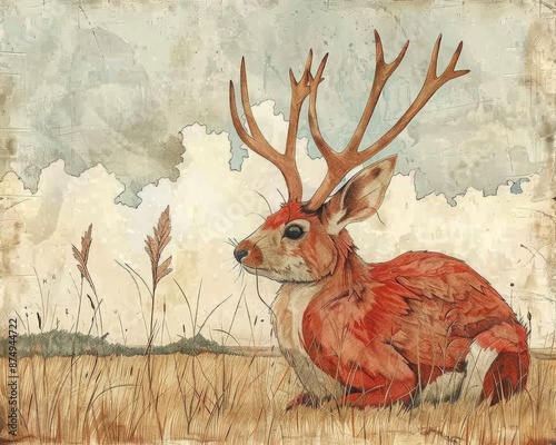 A beautiful watercolor painting of a jackalope sitting in a field of grass
