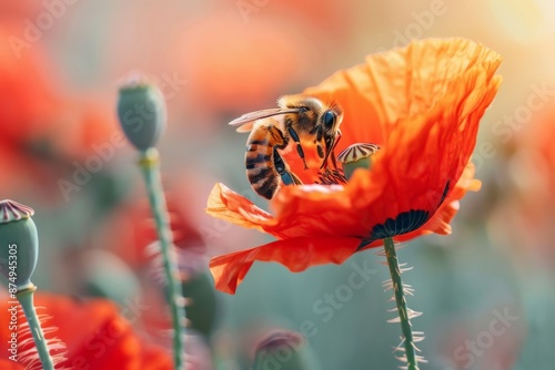 A captivating close-up shot of a bee perched on a vibrant red flower in full bloom, showcasing the intricate details of nature's artistry and the harmony of pollination.