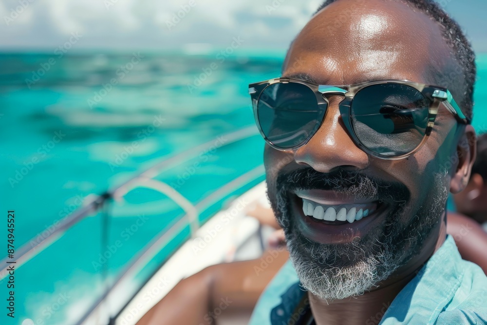 Fototapeta premium A man exposes his pearly white smile and wears sunglasses, enjoying a beautiful sunny day on a boat with a captivating view of the turquoise sea in the background.