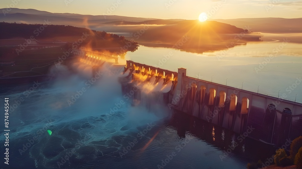 Fototapeta premium Majestic Hydroelectric Dam at Sunrise with Misty Landscape