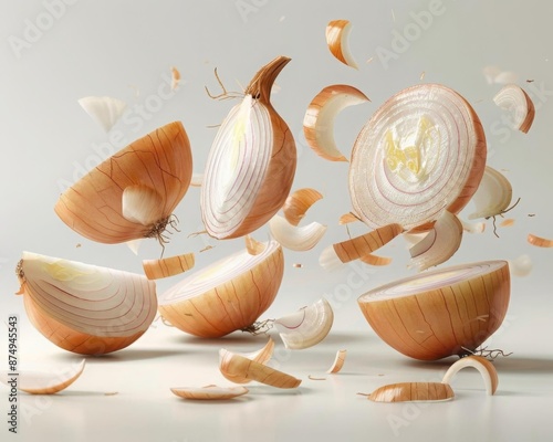 Sliced onions floating in mid air, showcasing their layers and textures. photorealistic depiction highlights freshness and vibrant colors of onions, creating engaging visual experience photo