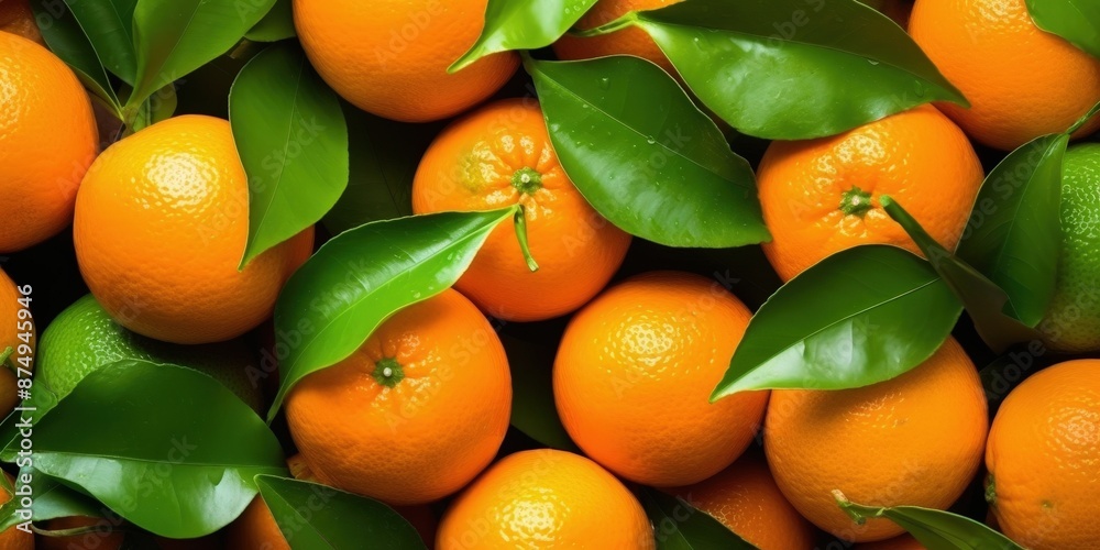 Close-up view of fresh and ripe organic oranges with green leaves Close-up view of fresh and ripe organic oranges with green leaves