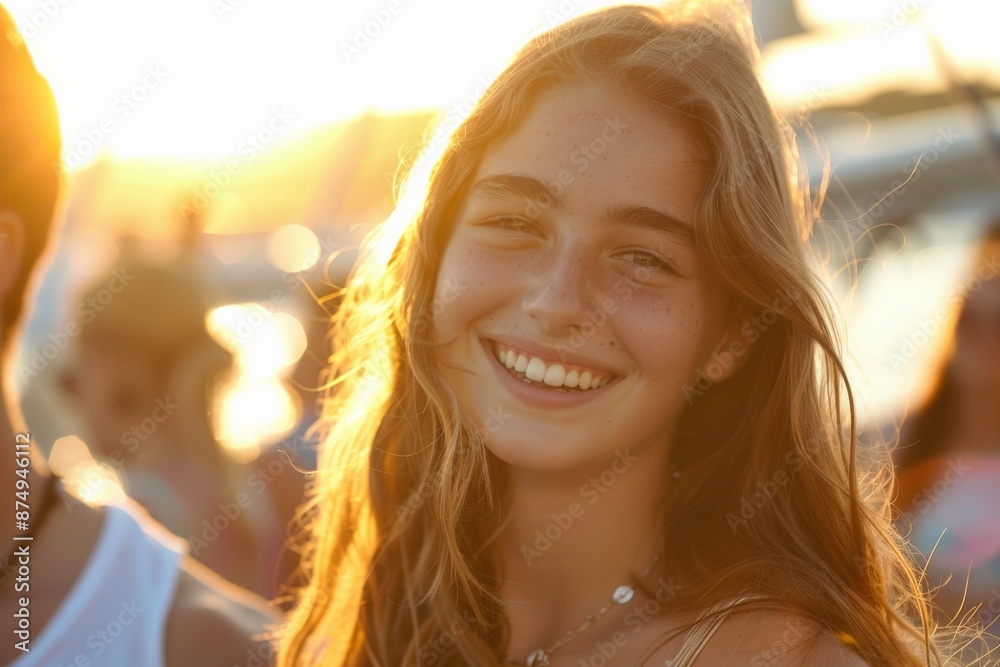A young woman with long hair smiles brightly outdoors during the golden hour. The warm sunlight illuminates her face as she enjoys a happy moment in the fresh air and sunshine. A young woman with long hair smiles brightly outdoors during the golden hour. The warm sunlight illuminates her face as she enjoys a happy moment in the fresh air and sunshine.