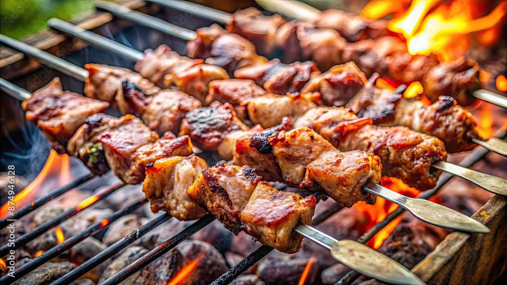 Skewered meat being grilled outdoors over charcoal with cut steak skewers , barbecue, kebab, outdoor cooking, skewers Skewered meat being grilled outdoors over charcoal with cut steak skewers , barbecue, kebab, outdoor cooking, skewers