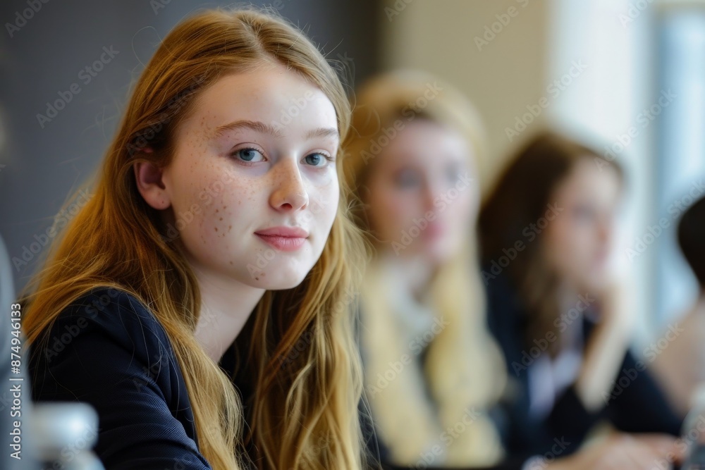 A teenage girl with freckles sits attentively in a classroom. She appears focused and engaged, surrounded by classmates in a modern educational environment. A teenage girl with freckles sits attentively in a classroom. She appears focused and engaged, surrounded by classmates in a modern educational environment.