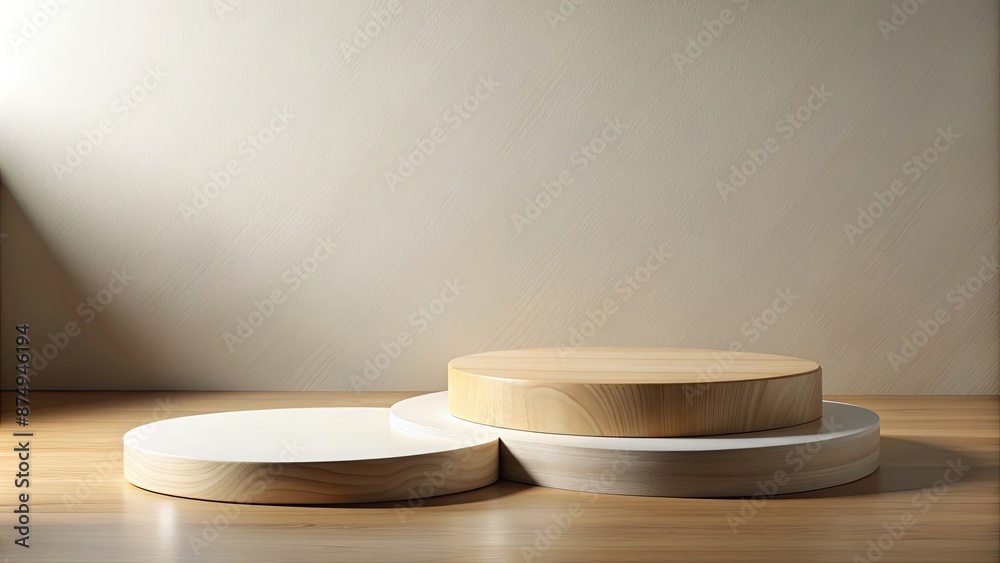 Two minimalist oval wooden platforms with cream bases for product display, minimalist, oval, wooden, platforms, cream, bases Two minimalist oval wooden platforms with cream bases for product display, minimalist, oval, wooden, platforms, cream, bases