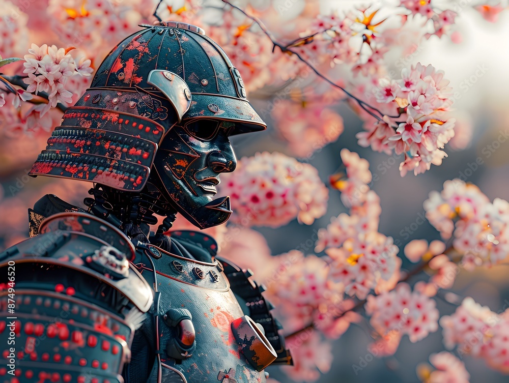 Robotic Samurai in Tranquil Japanese Garden Under Cherry Blossoms