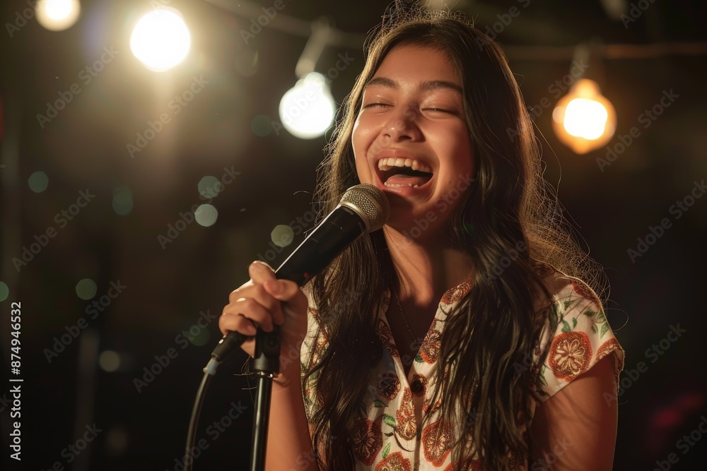 A young girl with long dark hair is singing joyfully into a microphone on stage, her eyes closed in delight, surrounded by decorative staging and lights. A young girl with long dark hair is singing joyfully into a microphone on stage, her eyes closed in delight, surrounded by decorative staging and lights.