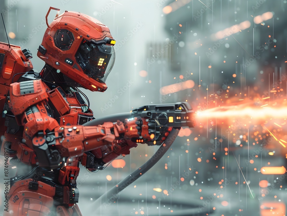 Robotic Firefighter Extinguishing Blaze in Futuristic City Advanced Firefighting Technology Robotic Firefighter Extinguishing Blaze in Futuristic City Advanced Firefighting Technology