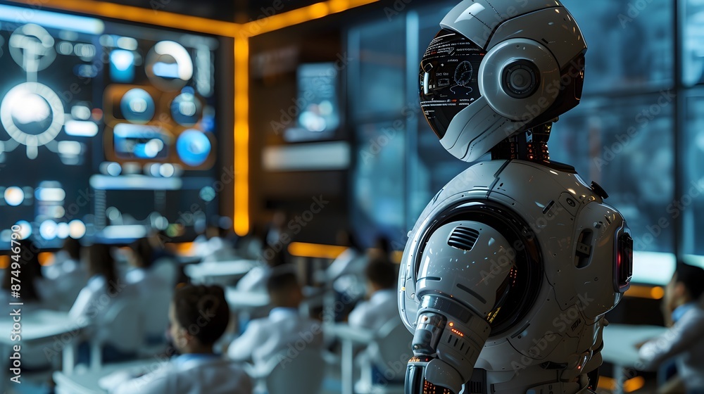 Fototapeta premium Futuristic Robot Teacher Instructing Students in Interactive Holographic Classroom